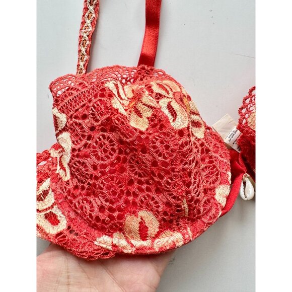 LEJABY Red Orange Yellow Floral Lace Seashell Charm Demi Bra, Size 34C - Picture 3 of 13